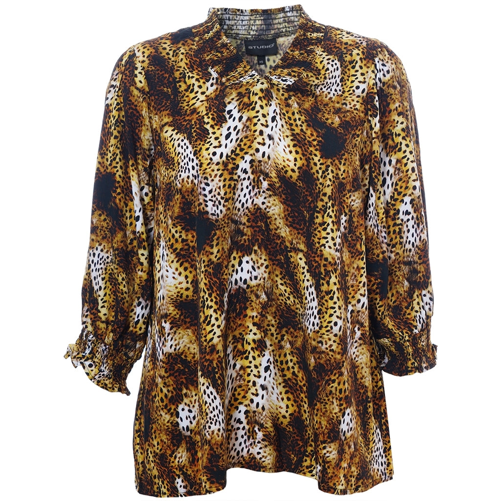 Studio SFeodora Blouse with smock neck Blouse Yellow leopart