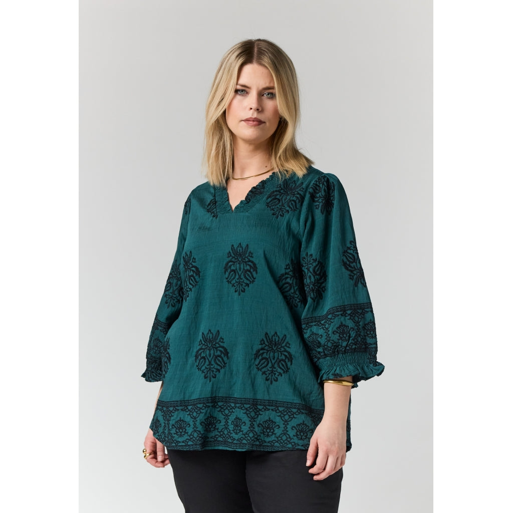 Studio SFeodora Blouse with smock neck Blouse Petrol